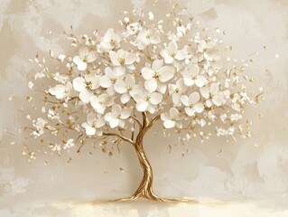 Elegant Golden Branches Adorned with White Blossoms A Luxurious Floral Artwork
