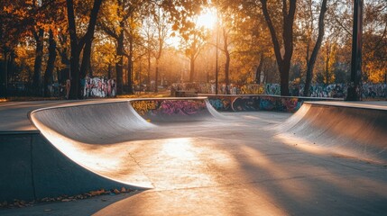 A skate park with smooth concrete ramps and colorful graffiti in the background during golden hour.