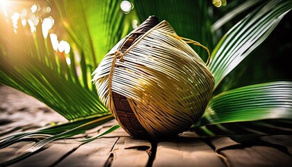 Original and authentic photo of sunlight shining softly on traditional Indonesian ketupat made from coconut leaves. Made during Ramadan to welcome Eid al-Fitr