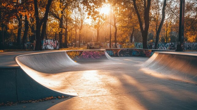A skate park with smooth concrete ramps and colorful graffiti in the background during golden hour.