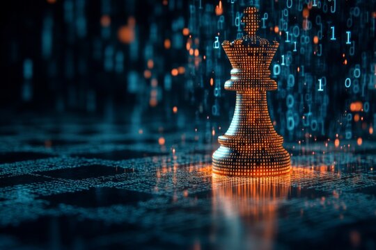 Abstract chessboard background featuring binary code king piece   cyber security and big data theme - Powered by Adobe