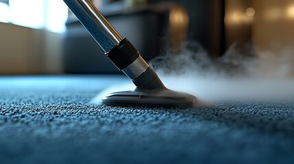 Naklejka premium Steam cleaner on carpet in home interior with smoke