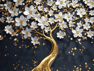 Elegant Golden Tree with White Blossoms: A Luxurious 3D Floral Art Design