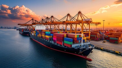 Naklejka premium Aerial panoramic view of a bustling cargo port terminal with rows of colorful shipping containers massive cargo ships docked at the wharf and towering gantry cranes loading and unloading goods
