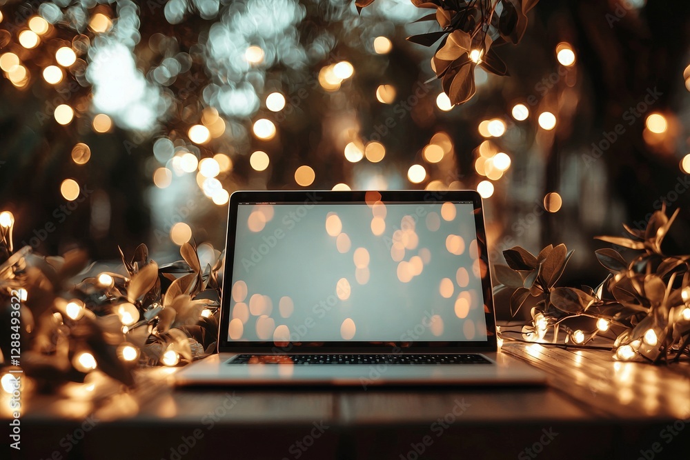 Poster a laptop computer mockup is set against a blurred natural background with a retro filter effect appl