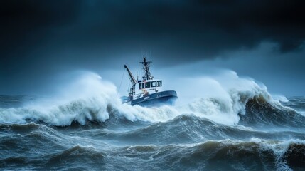 A small fishing boat battles powerful waves in the midst of a raging storm, with dark clouds and heavy rain all around.