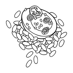 seasoning egg on a pile of rice - hand drawn vector illustration