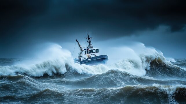 A small fishing boat battles powerful waves in the midst of a raging storm, with dark clouds and heavy rain all around. - Powered by Adobe