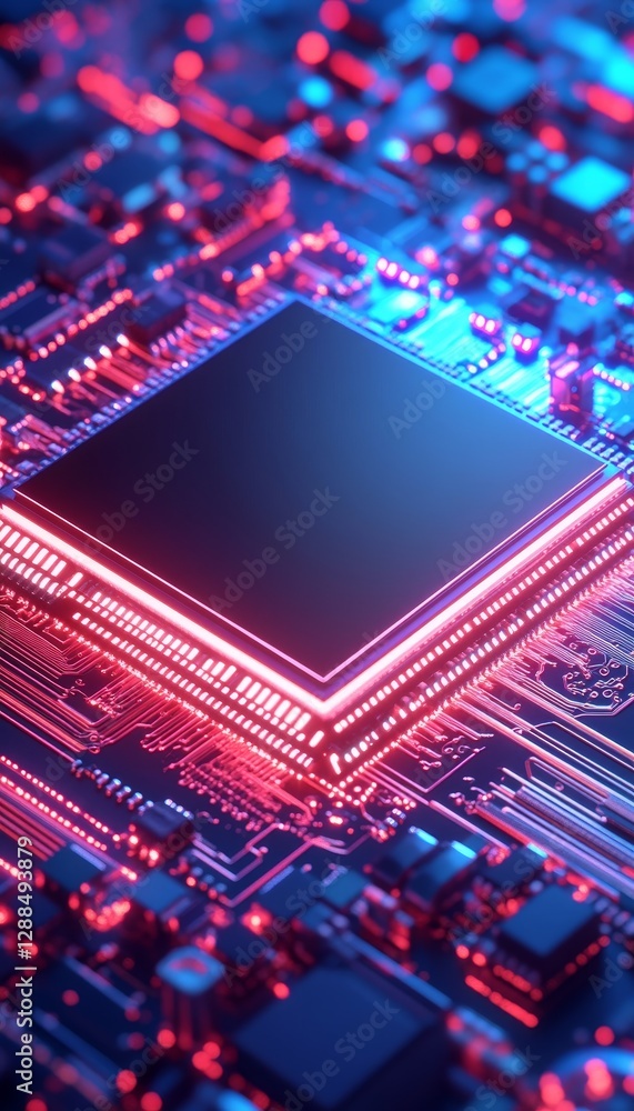 Poster futuristic 3d rendering of neon lights highlighting a modern computer chip and motherboard design