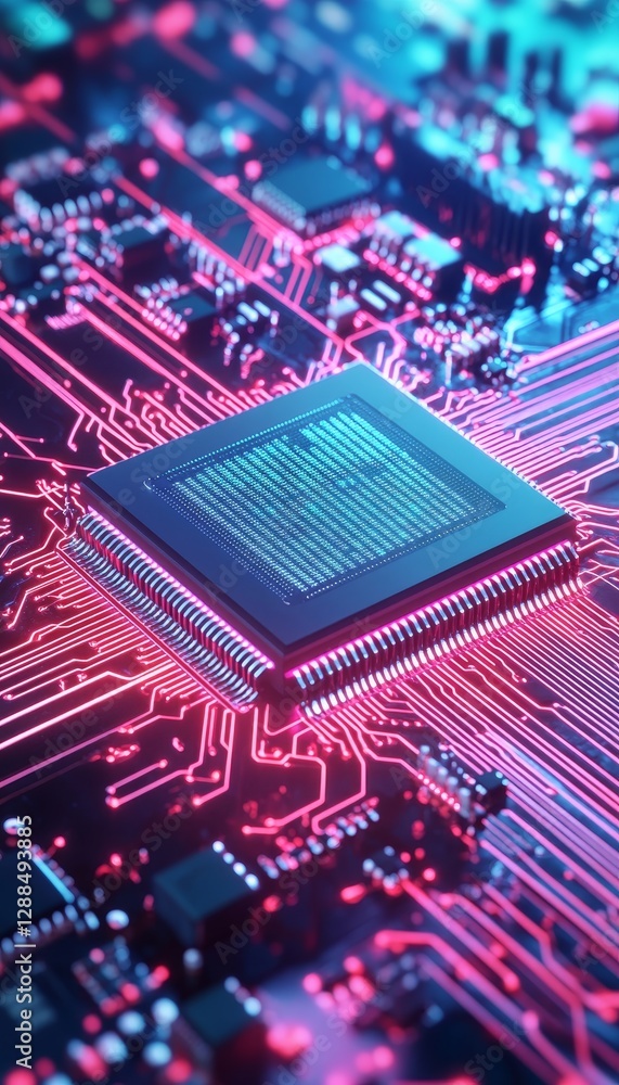 Poster futuristic 3d rendering of neon lights on a modern computer chip and motherboard design