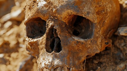 Archaeological dig unearthed skull, dirt, bones, sunlight