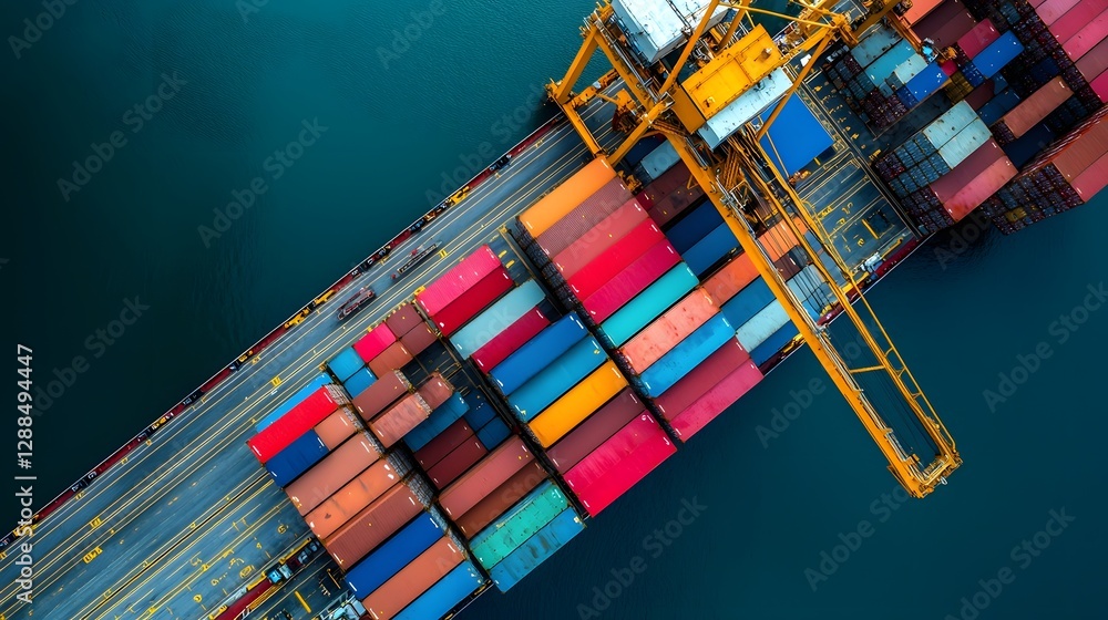 Poster aerial panoramic view of a bustling port terminal with rows of colorful shipping containers stacked 