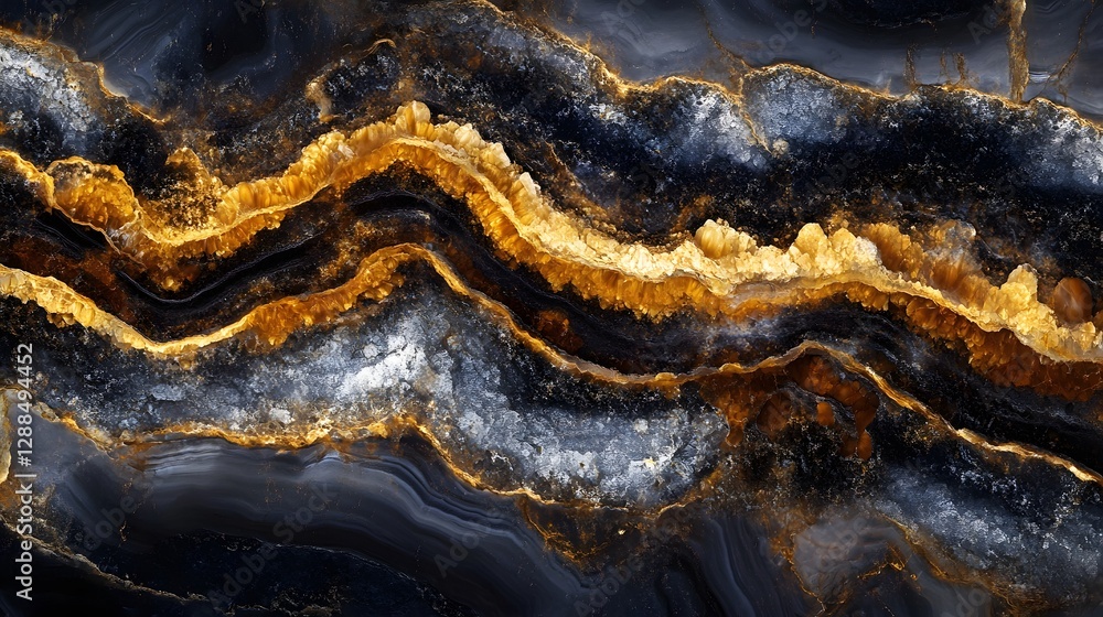 Poster stunning and intricate agate geode crystal formations with vibrant metallic hues glowing within the 
