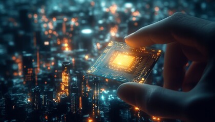 A hand grasping a glowing electronic chip overlooking a vibrant cityscape at dusk