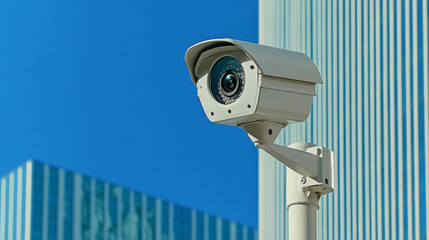 Modern Surveillance Camera on a City Building Against Clear Blue Sky