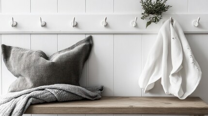 Cozy entryway bench with pillow, towel, and hooks