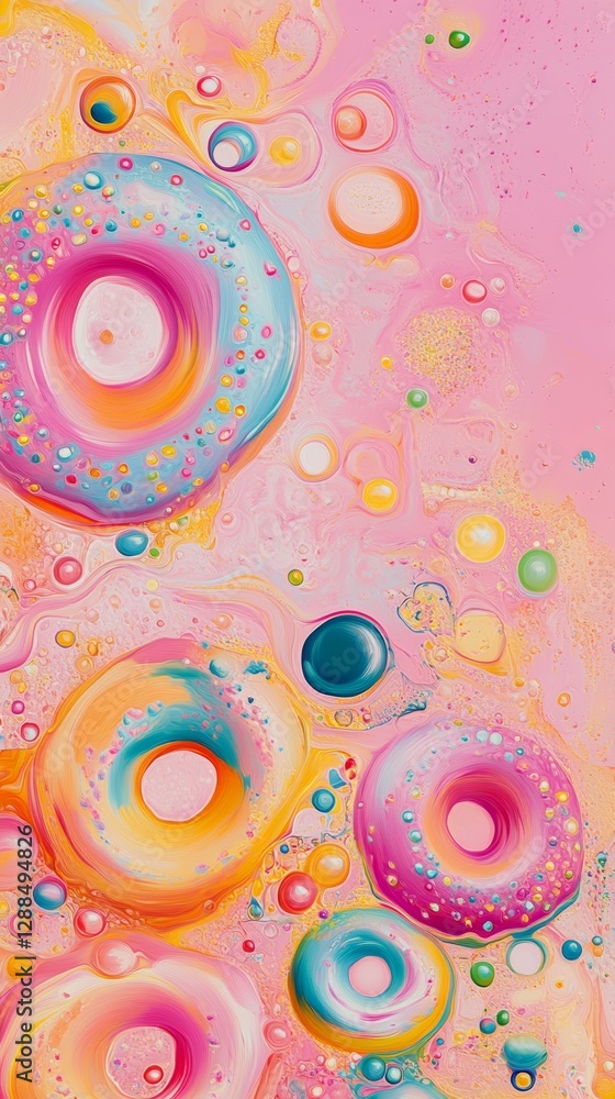 Poster vibrant abstract painting with colorful swirling circles on a pink background. artistic expression a