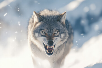 Majestic Wolf Snarling in Snowy Wilderness Amidst Falling Snowflakes