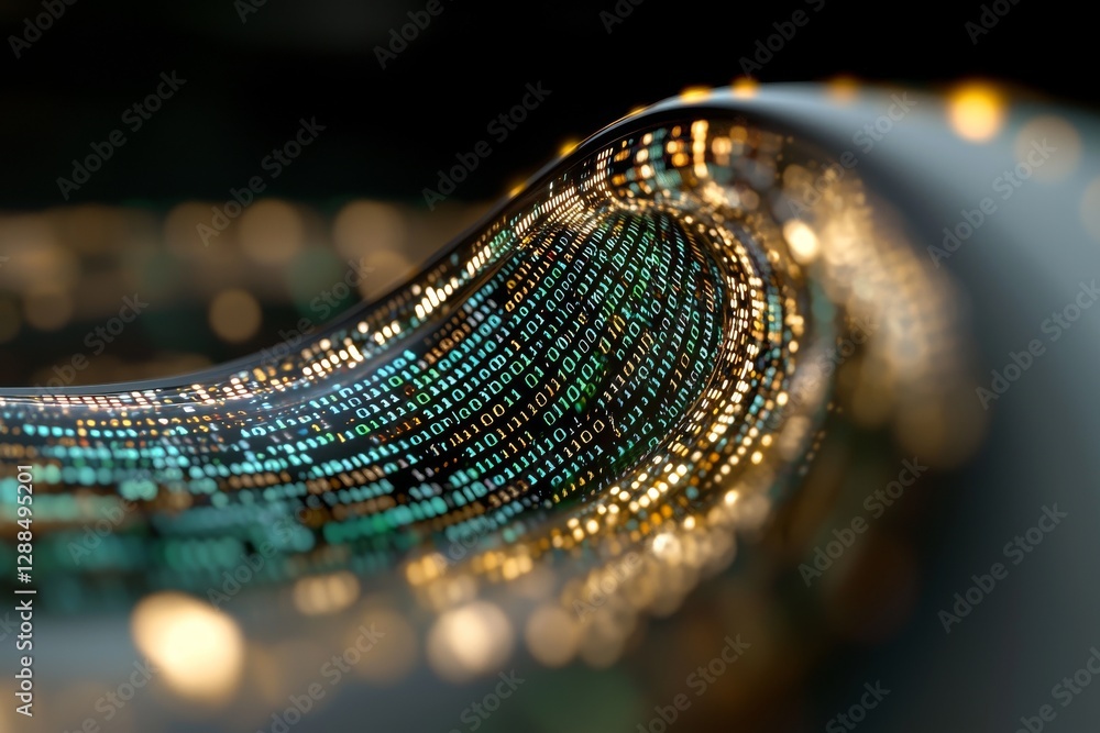 Poster data transfer is flowing, set against a backdrop of moving digital binary code bits in green and blu