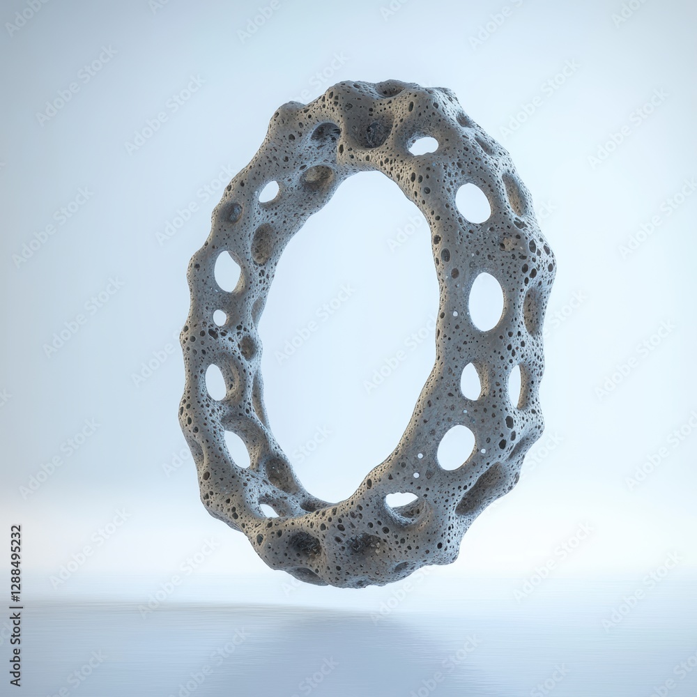 Poster abstract silver ring with porous and bumpy surface floating on light blue background