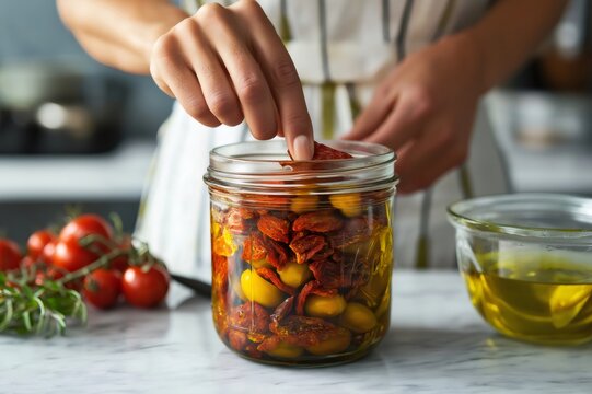 Woman chef adding sun dried tomatoes to a preserving jar filled with olive oil in a kitchen, close up