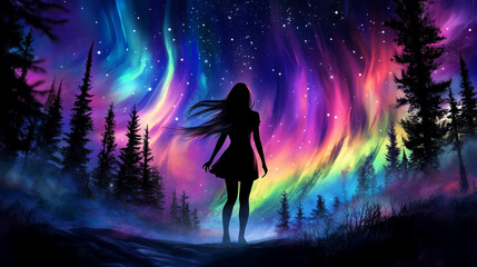 Fototapeta premium Silhouette of a girl standing in front of the colorful northern lights, with vibrant rainbow colors lighting up the sky, surrounded by a forest landscape of pine trees at night. A fantasy-style illust