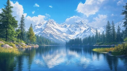 A tranquil lake with crystal-clear water reflects the majestic snow-capped mountain range and lush pine forest under a bright blue sky.