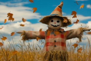 Fototapeta premium Cheerful scarecrow stands in a golden wheat field with vibrant autumn leaves swirling around under a bright blue sky