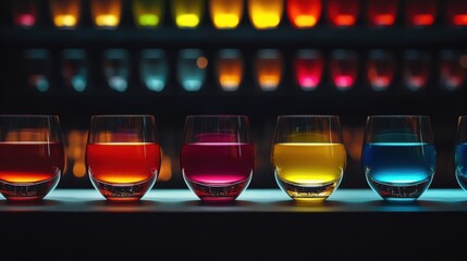 A vibrant array of colorful glasses filled with diverse alcoholic drinks elegantly displayed on a bar counter against a dark background
