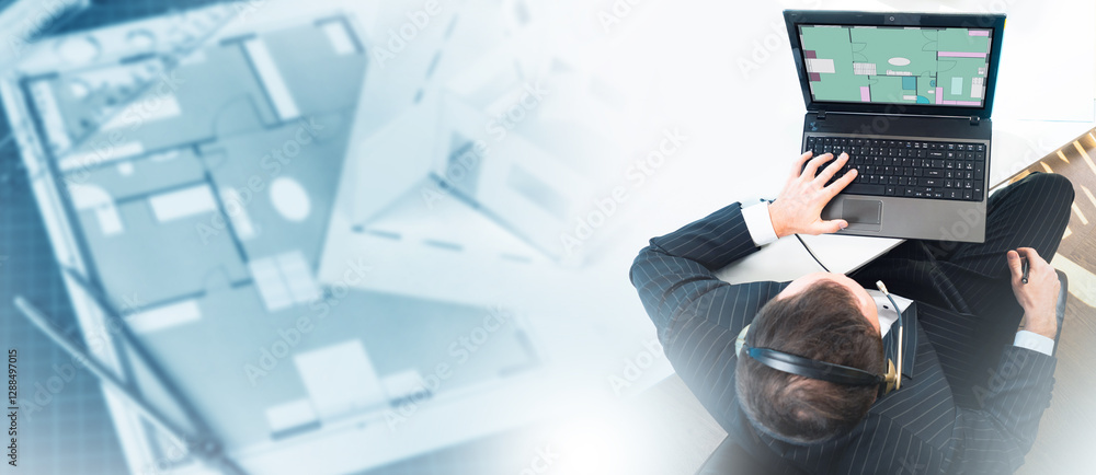 Aufkleber architect works with laptop. man designer uses computer. creation architectural drawings. profession