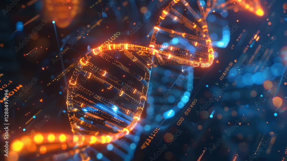 Poster a digital rendering of a glowing dna strand, representing genetic code.