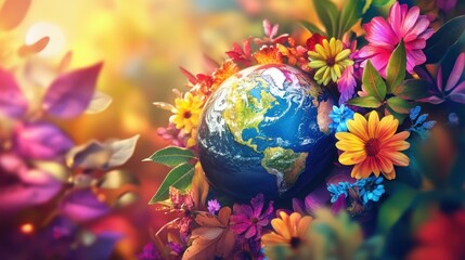 A vibrant globe surrounded by colorful flowers and leaves, symbolizing environmental beauty and diversity.