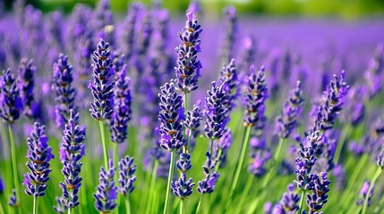 Obraz premium A field of lavender with rows of purple flowers stretching out into the distance