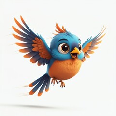 Fototapeta premium A cheerful cartoon bird with bright blue and orange feathers flies on outstretched wings