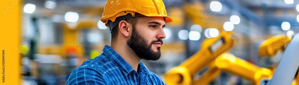 Aufkleber industry 40, Factory Industrial Engineer working with automation robot arms machine in intelligent factory, generative ai