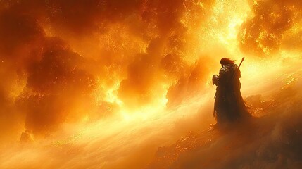 Apocalyptic firestorm; figures huddle, seeking refuge; fiery sky; fantasy artwork; game concept