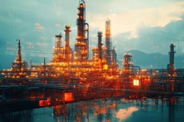 Futuristic Industrial Complex with Illuminated Structures Reflecting on Water at Dusk