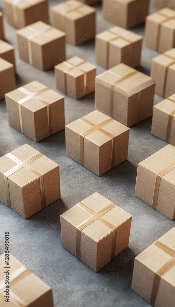 Poster high angle view of cardboard boxes in rows on grey background for shipping and delivery services