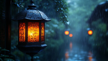 Fototapeta premium Traditional Lanterns Illuminated During a Peaceful Rainy Evening in a Garden