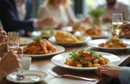 Diverse colleagues dinner meeting lunch in office restaurant businessmen group cafeteria. Cafe discussion business fine dining corporate teamwork expensive tasty dish. Coworkers cheering talking.