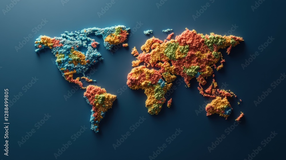 Poster abstract 3d world map with pixelated dots on minimalist background