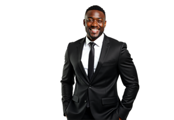 Smiling African American businessman in suit, isolated on white background. Professional portrait for corporate website, business profile, marketing, leadership. Isolated on transparent background.