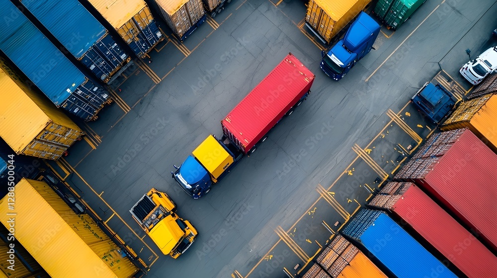 Poster aerial view of a sprawling logistics park with rows of semi trucks loading and unloading goods at mu