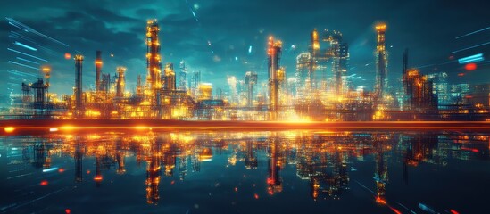 Fototapeta premium Futuristic Cityscape at Night with Illuminated Skyscrapers and Reflections on Water Creating a Vibrant Urban Scene