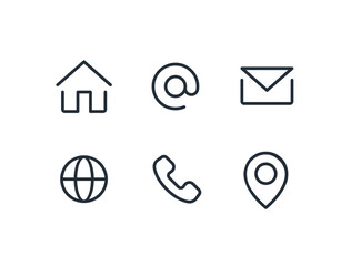 Contact Icons Set: Home, Phone, Mobile, Email, Address, Location, Website, Globe, – Vector Collection. Contact Us Linear Vector icons.
