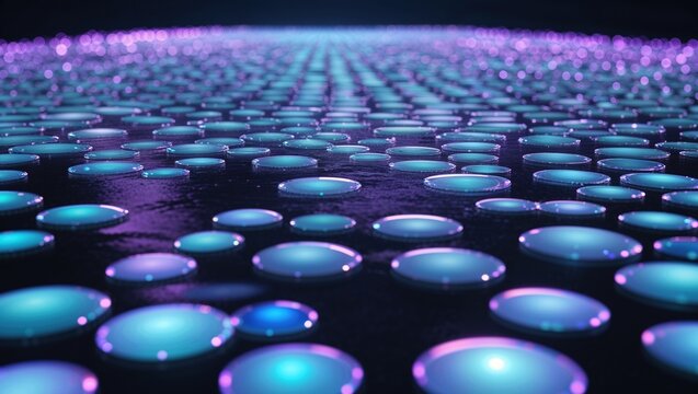 Circles of vibrant blue and purple lights illuminate a reflective surface, creating an enchanting ambiance during a nighttime celebration in an urban environment
