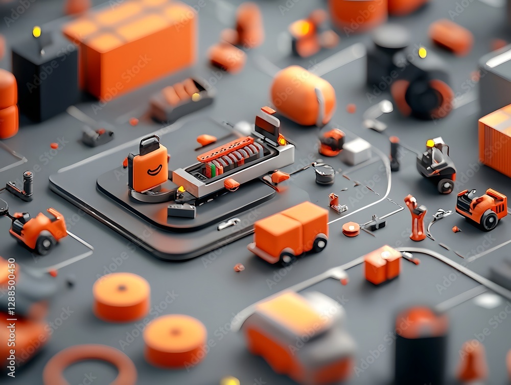 Poster aerial view of a sprawling technologically advanced fulfillment hub with a network of autonomous mac