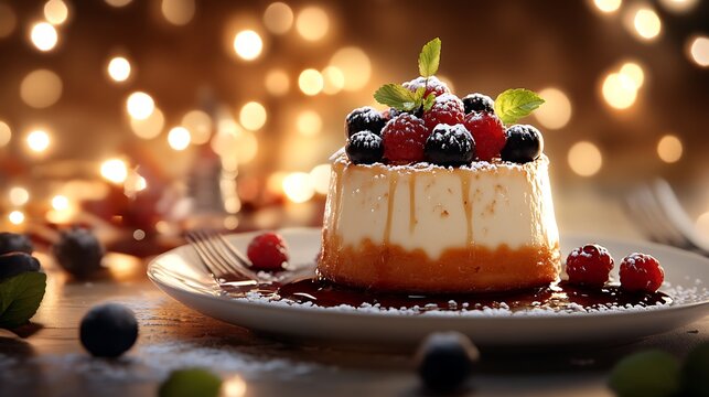 Caramel Flan with Berries at a Festive Bokeh Table / 華やかなボケの背景でベリーを添えたキャラメルフラン