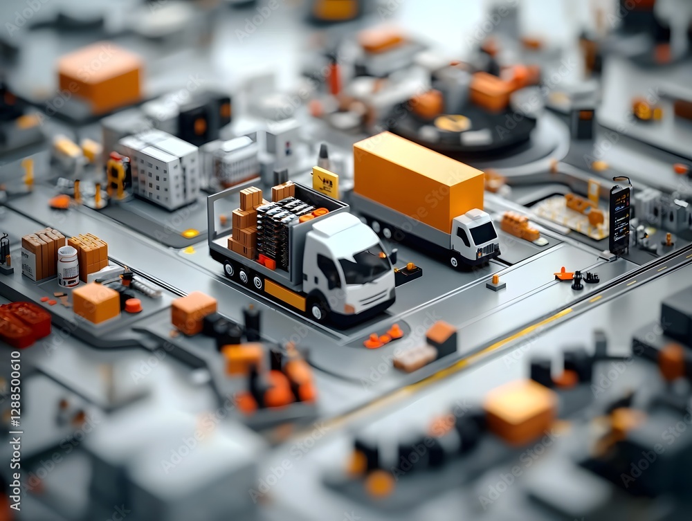 Poster aerial view of a sprawling technologically advanced fulfillment hub with product packaging and trans