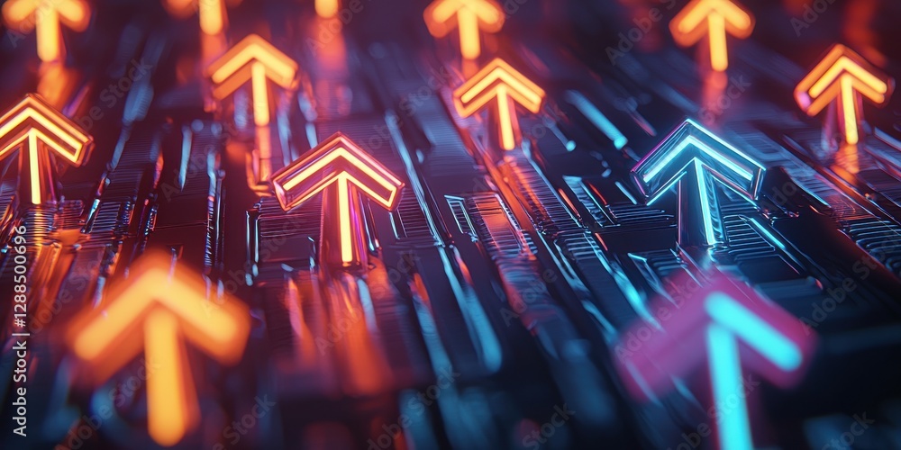 Poster a vibrant, digital representation of arrows pointing upward, symbolizing progress, technology, and i